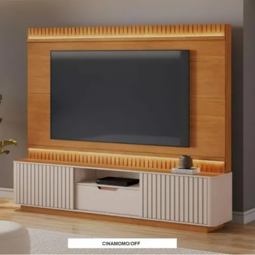 Home Atena Candian Larg. 2.10m Cinamomo/Off White C/Detalhe Ripado e Luminárias em LED