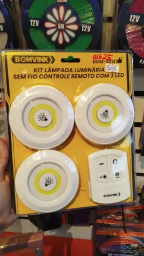 Kit Lâmpada Luminária Adesivo Sem Fio Controle Remoto 3 Led Branco 