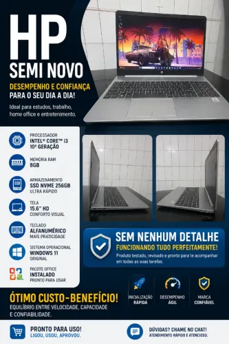 Notebook HP Core i3 10ª Geração | SSD NVMe | 8GB RAM | Excelente Estado