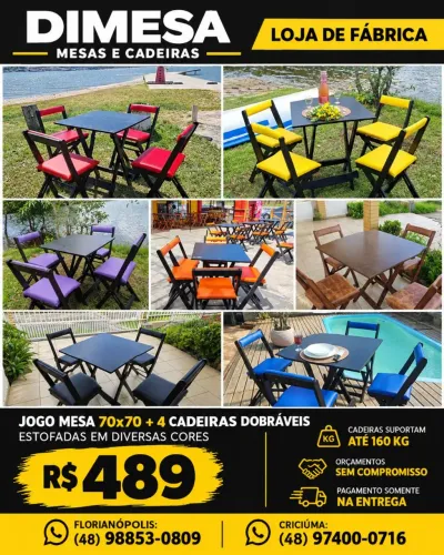 Conjunto dobrável estofado mesa 70x70 com 4 cadeiras