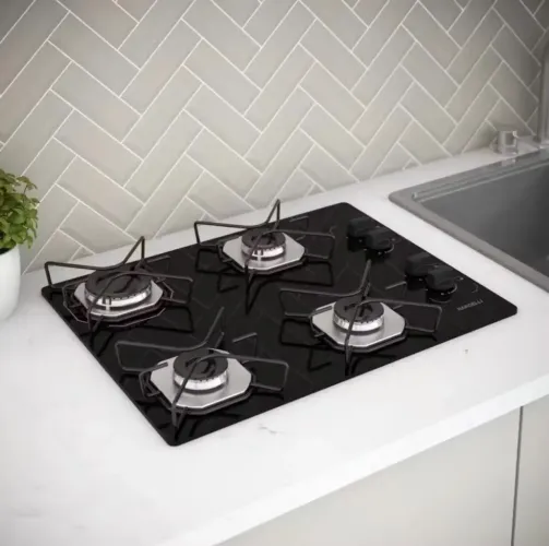 Fogão Cooktop Fogatti à Gás Ori 4 Bocas Vidro Preto Flange Inox Bivolt