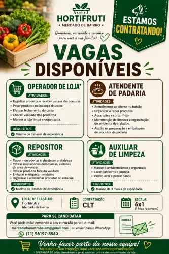 OPERADOR DE LOJA/ATENDENTE DE PADARIA/ REPOSITOR E AUXILIAR DE LIMPEZA