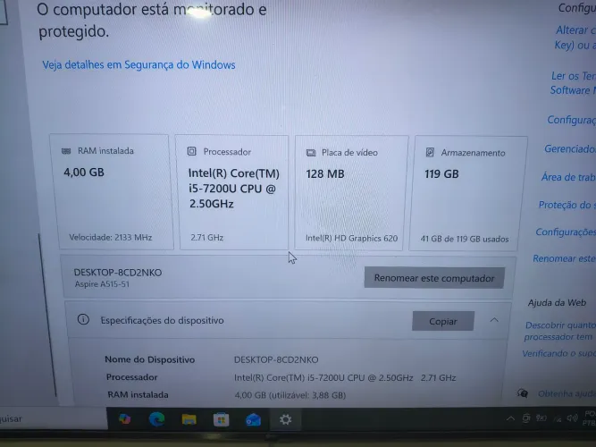 Notebook Acer a515-52 sem tela , funcionando i5 7* geração.