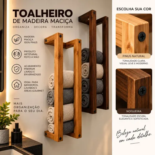 Toalheiro de Madeira Maciça | Suporte de Toalha de Parede | Design Moderno Premium