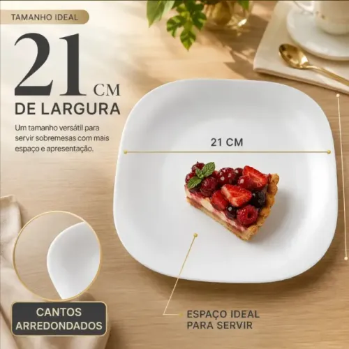 Pratos de Sobremesa Quadrados em Vidro Opalino Branco 21 cm - Kit com 5 Pratos - NOVO