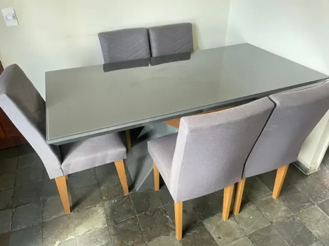 Mesa 180cm Tampo Em Mdf E Vidro Com 6 Cadeiras Liz Moderna Grafite - Cinza