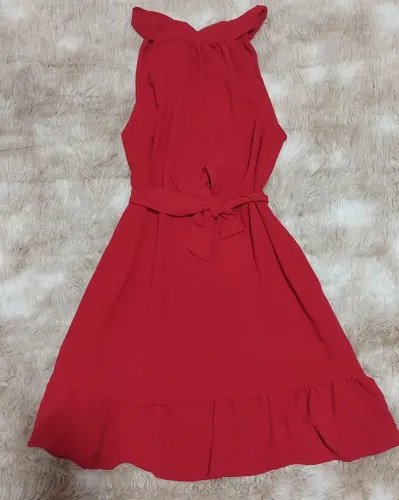 Vestido Curto Vermelho Tecido Duna com Amarração - Tamanho M (Novo)
