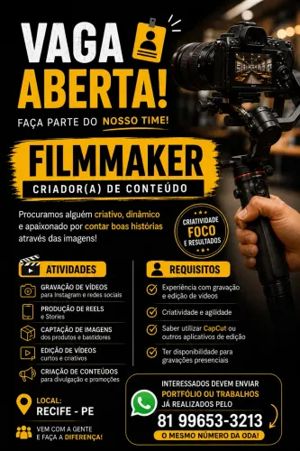 Vaga para Filmmaker / Criador de Conteúdo - Recife