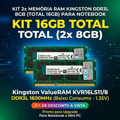 Kit 2x Memória Ram DDR3L 8GB 1600mhz Notebook 16gb Kingston