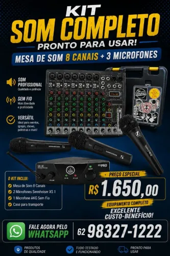 Kit Som - Mesa de som 8 canais + 2 Microfones Sennheiser Xs 1 + Akg sem fio + Case.