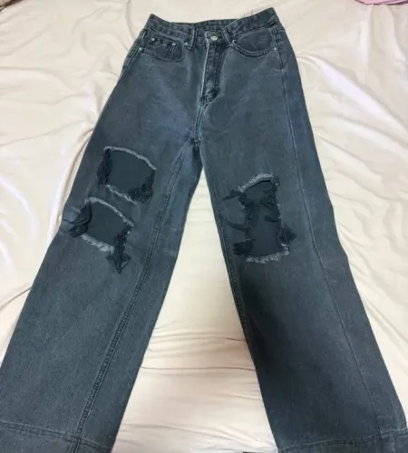 Calça Jeans Wide Leg Destroyed Shein XS