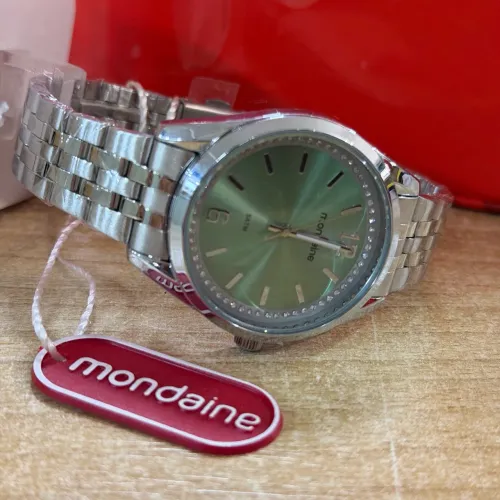 Relógio prata fundo verde feminino mondaine original 
