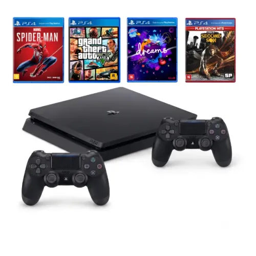 PS4 Slim Modelo CUH-2214B em Ótimo Estado + 2 Controles (+1 de brinde) + 4 Jogos