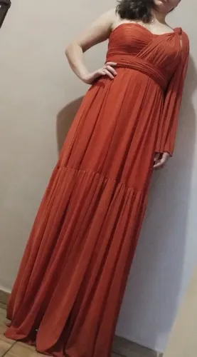 Vestido em poliéster , longo, cor-Terra-cota 38/40