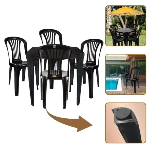 Conjunto de Mesa com 4 Cadeiras Preta em Plástico Resistente NOVO