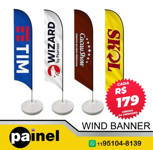 Wind Banner - Kit Completo C/ Hastes de Fibra de Vidro + Base Plástica + Tecido Impresso