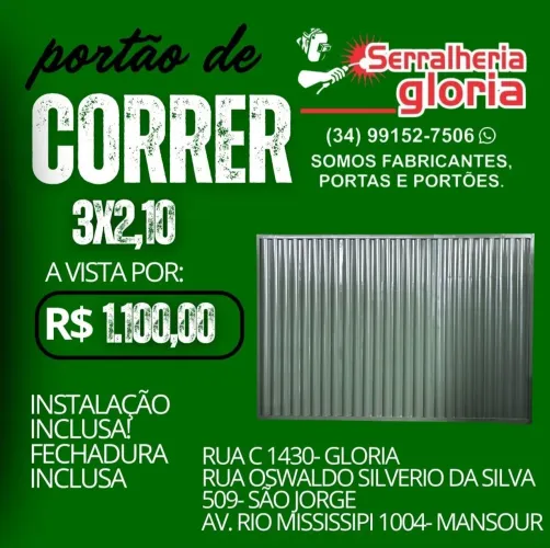 Portão de Correr 3x2,10 com instalação inclusa