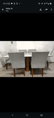 Mesa de Jantar 6 Cadeiras Estofadas Tampo Vidro Off White