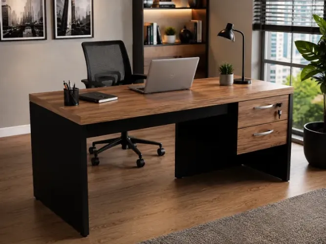 ? MESA DE ESCRITÓRIO COM GAVETEIRO