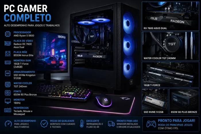 Título ? PC Gamer PC Gamer Completo ? Ryzen 5 + RX 7600 + 16GB RAM + Monitor 180Hz