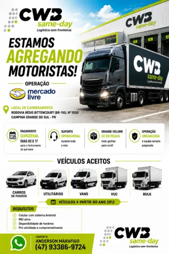 Agregamos Motoristas - Mercado Livre | Campina Grande do Sul/PR