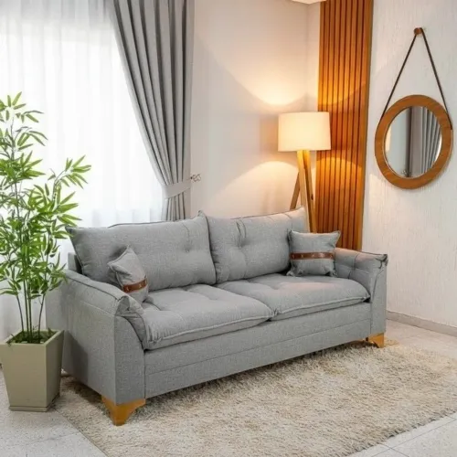 Sofá Fixo 3 Lugares Larg 1.80m Linho Cinza Molas Bonnel
