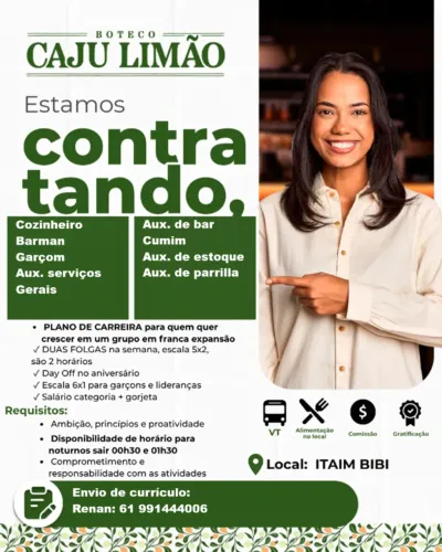 Boteco CajuLimão está contratando em varias áreas