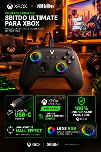 Controle para Xbox One Series X e S e PC 8BitDo com Fio Hall Effect Leds