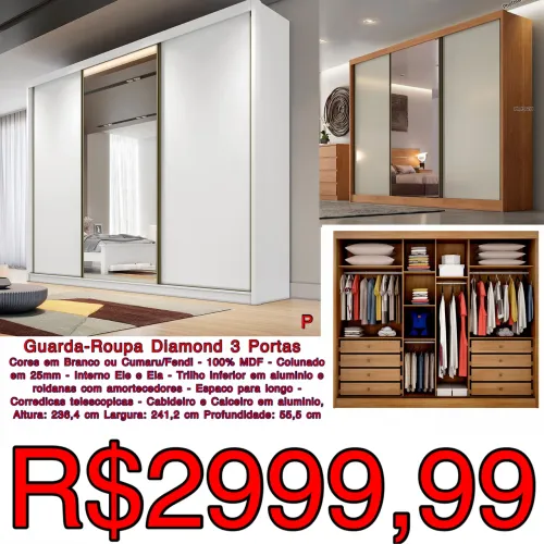 GUARDA ROUPA CASAL 100% MDF LARGURA 2,41 CM