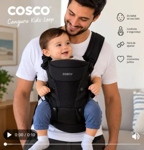 Canguru Cosco Kids Loop, suporta até 9 kg. Novo, sem uso! Prático e confortável.