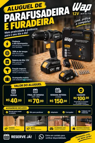 ALUGUEL Parafusadeira/Furadeira de Impacto WAP 12Vkit completo,bateria e maleta. R$ 40/dia