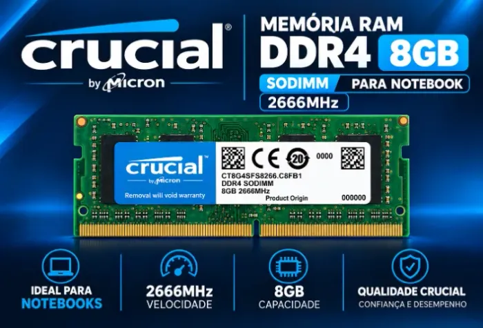Memória RAM Crucial 8GB DDR4 2666MHz para Notebook