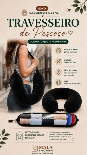 Travesseiro de Pescoço para Viagem 2 em 1 com Compartimento para Roupas