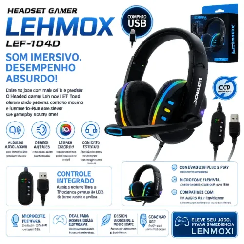 Headset Gamer Lehmox LEF-1040 Conexão USB LED RGB