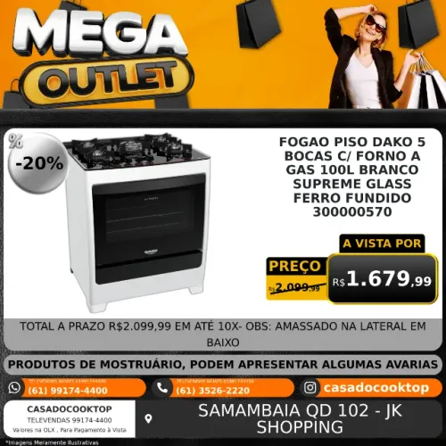 FOGAO PISO DAKO 5 BOCAS C/ FORNO A GAS 100L BRANCO SUPREME GLASS FERRO FUNDIDO 300000570 