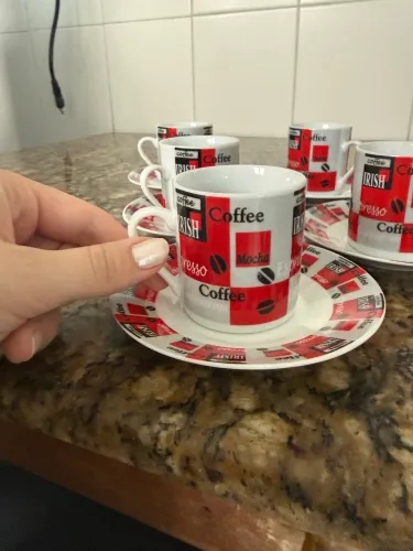 Jogo de Xícaras para Café com Pires - Estampa Coffee / Mocha / Irish (6 Xícaras + 6 Pires)