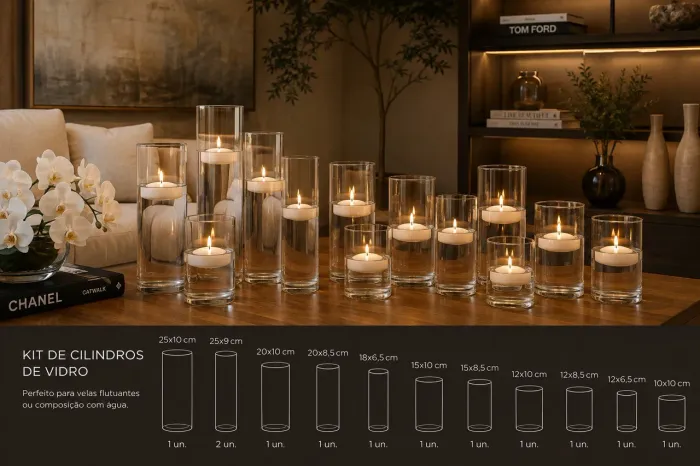 Cilindros de vidro para decoração de eventos