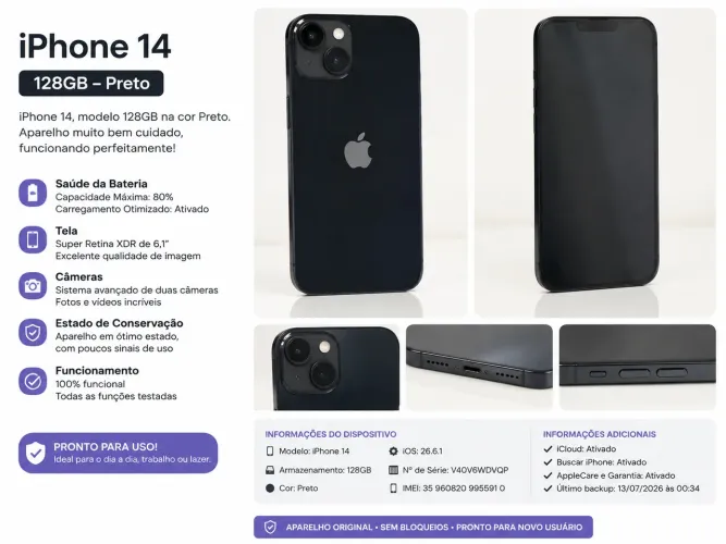 iPhone 14 128GB Preto ? pronto para uso.