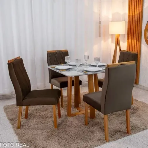 Mesa de Jantar Bia 90x90 C/4 Cadeiras em Veludo e Madeira Maciça rf44 S