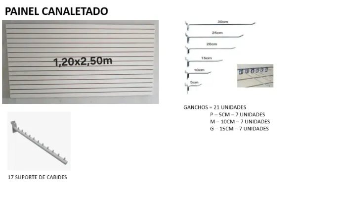 PAINEL CANALETADO + 21 GANCHOS + 17 SUPORTES DE CABIDE