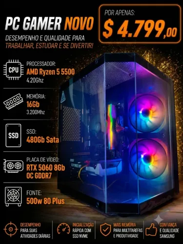 (NOVO) PC Gamer R5 5500 4.2Ghz / Mem 16Gb RGB / SSD 480Gb / RTX 5060 8Gb OC(aceito cartão)