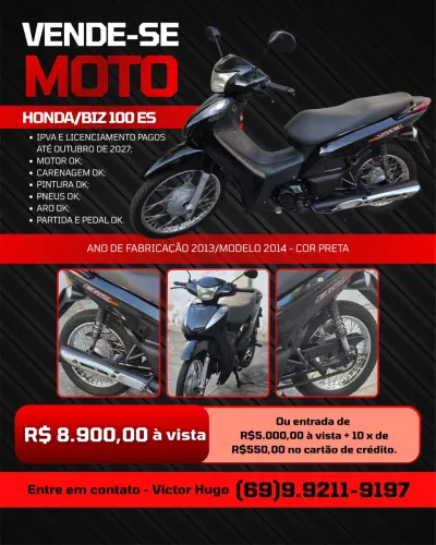 Honda Biz 100 ES - Fabricação 2013 - Cor Preta - Modelo 2014