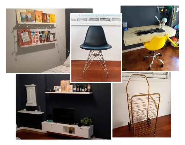 Kit mudança: escrivaninha suspensa, cadeira Eames, 4 prateleiras e carrinho de feira
