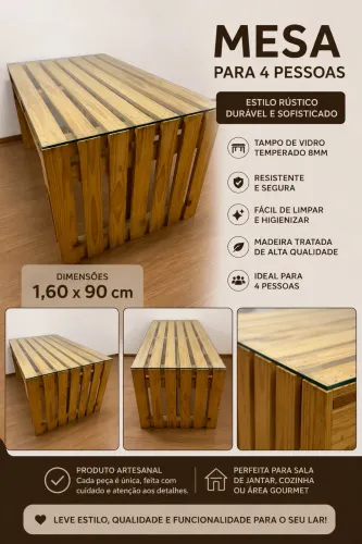 Mesa rústica para 4 pessoas com base de vidro temperado