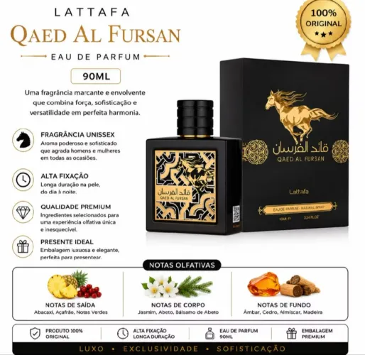 Perfume Árabe Lattafa Al Qaed Fursan Black EDP 100ml - Original lacrado e barato 