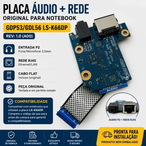 Placa Áudio + Rede RJ45 Notebook GDP53/GDL56 LS-K66DP Original