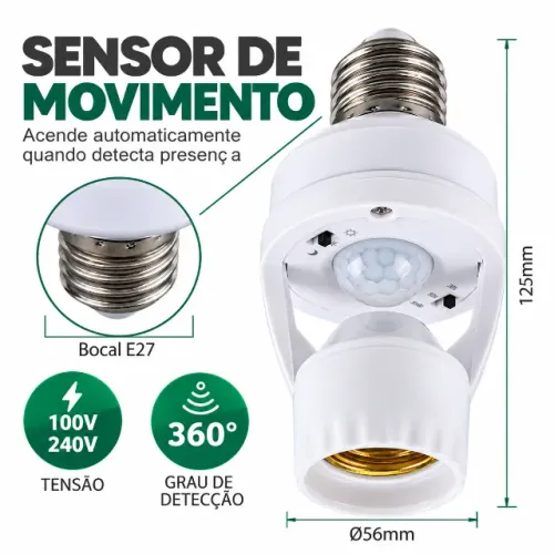 Sensor de Movimento para lâmpada Soquete E27 c/ sensor de presença Bivolt 110V 220V