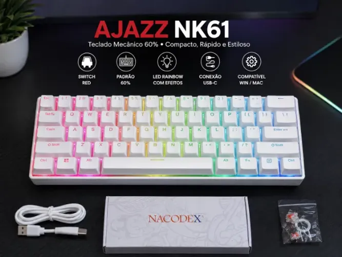 Teclado Mecânico AJAZZ NK61 60% - Switch Red + Hot Swap + LED Rainbow