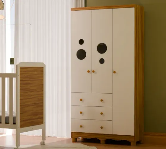 Roupeiro Infantil 3 Portas Bolinha Peroba 100% MDF