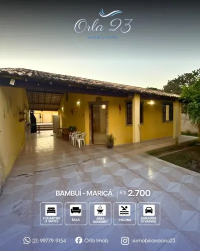 BAMBUÍ, ORLA 23 IMOBILIÁRIA ALUGA! EXCELENTE CASA LINEAR COM PISCINA EM MARICÁ.